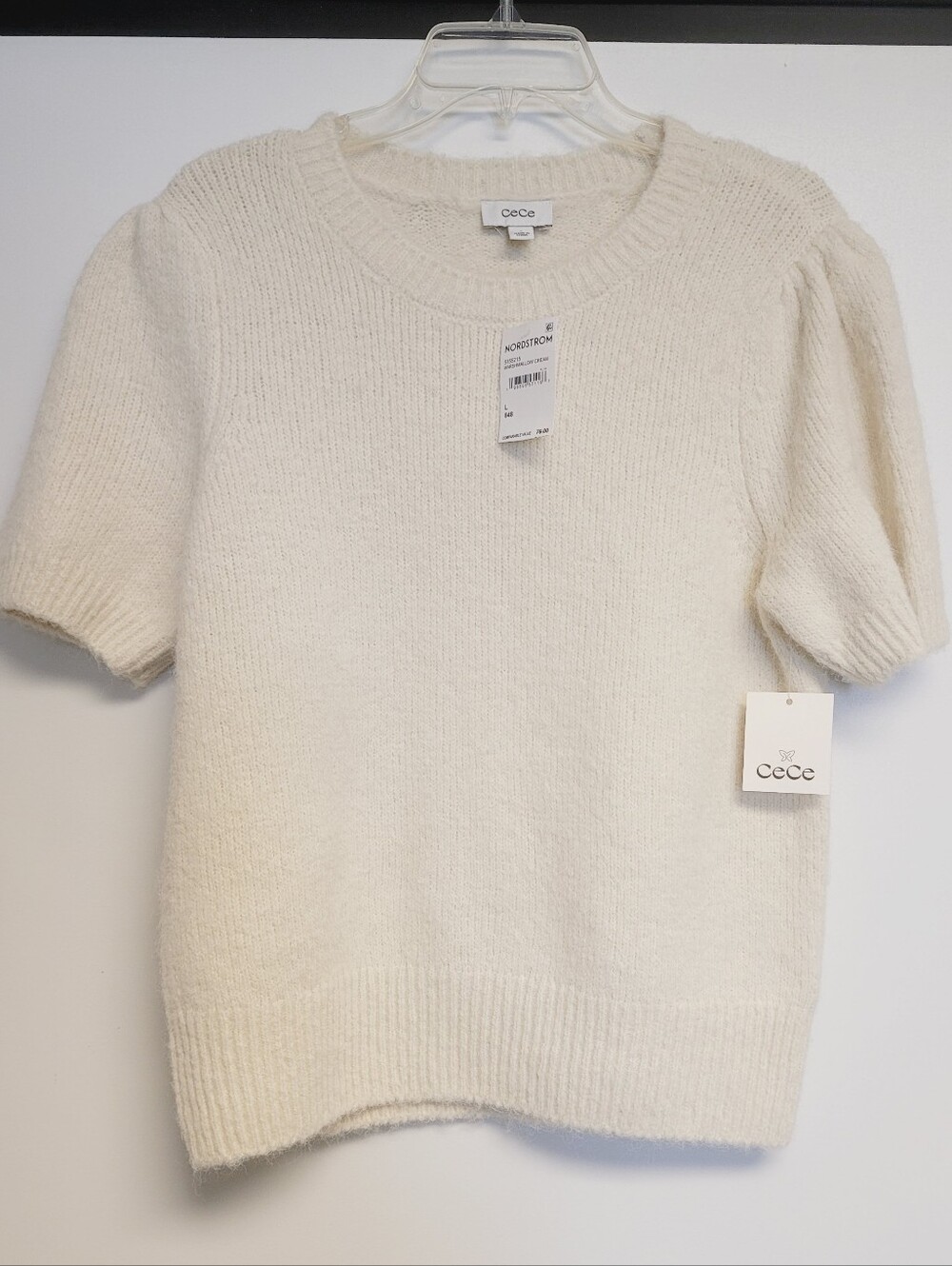NWT CeCe  Puff Short Sleeve Wool-Blend Sweater in Marshmallow Cream Large - Picture 2 of 9